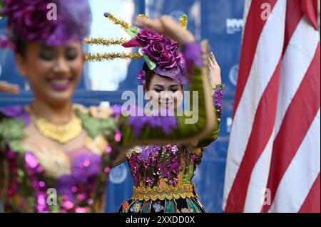 New York, USA. 23rd Aug, 2024. Indonesian dancers perform during the flag raising ceremony in lower Manhattan celebrating Indonesia's 79th Independence Anniversary (August 17) in New York, NY, August 23, 2024. (Photo by Anthony Behar/Sipa USA) Credit: Sipa USA/Alamy Live News Stock Photo