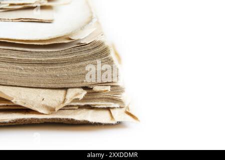 Closeup macro old book pages vintage texture on white background with copy space, place for text Stock Photo