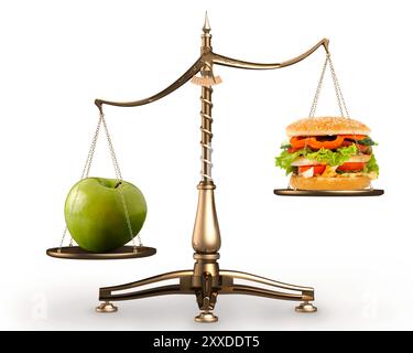 Big green ripe apple and junk food hamburger on scales isolated white background Stock Photo