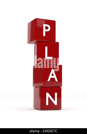 Four red cubes with the word plan, 3d concept image on white Stock Photo