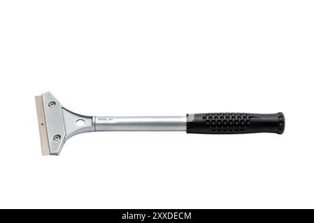 Metal wall paint scraper with black plastic handle isolated on white background. Stock Photo