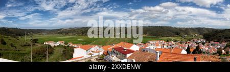 Panoramic view from Odeceixe towards the coast of the Atlantic Ocean at the Algarve, Portugal. View from Odeceixe towards the coast of the Atlantic Oc Stock Photo