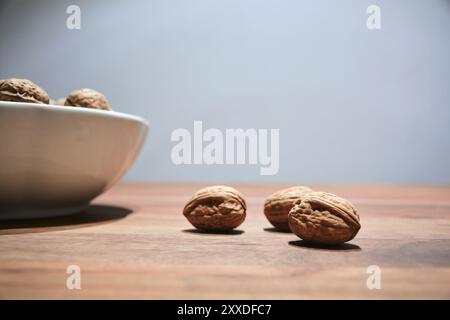 Walnuts on a table Stock Photo