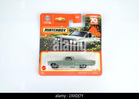 Matchbox 1960 Chevy El Camino toy car model in box packaging – Wales, UK – 10 August 2024 Stock Photo