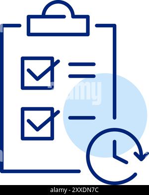 Clipboard with checkmarks and clock. Scheduled events, project deadline. Pixel perfect, editable stroke icon Stock Vector