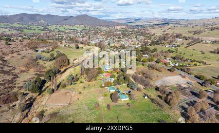 Drone aerial photograph of the regional town of Adelong in the Snowy Mountains in New South Wales in Australia. Stock Photo