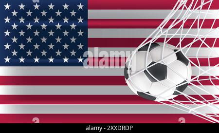 Football ball in goal net with USA flag background, realistic 3D vector illustration Stock Vector