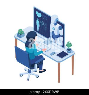 Isometric Woman Consult with an Advanced Healthcare AI Robot Online. AI Healthcare Diagnostics Concept Stock Vector