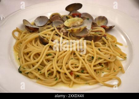 Italian cuisine: spaghetti alle vongole in Amalfi, Italy Stock Photo