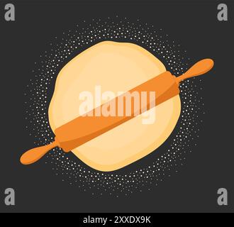 Wooden rolling pin on the dough. Rolling out the dough with a rolling pin on dark background. Vector illustration Stock Vector