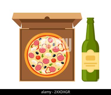 Fresh round pizza and bottle of beer. Pizza with tomato, cheese, olive, pepper, onion, basil in open cardboard box. Vector illustration Stock Vector