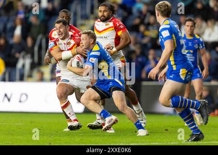 Lachie Miller ( 1 ) of Leeds Rhinos makes a break in the match against Catalans Dragons Stock Photo