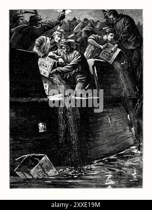 An old engraving of the Boston Tea Party, Boston, Massachusetts, USA in 1773. It is from a Victorian history book of c.1900. The Boston Tea Party was an American political and mercantile protest on December 16 1773, by the Sons of Liberty. The target was the Tea Act of that year, which allowed the East India Company to sell tea from China in American colonies without paying taxes. The Sons of Liberty, some disguised as Native Americans, destroyed an entire shipment of tea sent by the East India Company, throwing the chests of tea into the Boston Harbor. Stock Photo