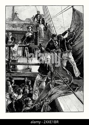 An old engraving of the 1797 mutiny at Spithead, The Solent, near Portsmouth, England, UK. It is from a Victorian history book of c.1900. Here sailors of HMS Royal George are hauling down the naval red ensign flag. The mutiny lasted from 16 April to 15 May 1797. Sailors on 16 ships in the Channel Fleet, commanded by Admiral Lord Bridport, protested against the living conditions aboard Royal Navy vessels and demanded a pay rise, better rations, increased shore leave, and compensation for sickness and injury. Stock Photo