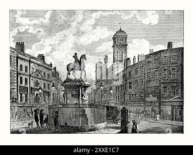 A view of Charing Cross, Westminster, London, England, UK in 1795. It is from a Victorian history book of c.1900. Charing Cross is a junction where six routes meet. The grand Eleanor cross once marked the site. The medieval monumental cross was the largest and most ornate instance of a chain of medieval Eleanor crosses running from Lincoln to this location. A bronze equestrian statue of Charles I was erected in 1675, was originally situated roughly where the cross had stood. Stock Photo