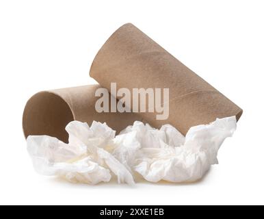 White screwed or crumpled tissue paper ball after use with cores in stack is isolated on white background with clipping path. Stock Photo