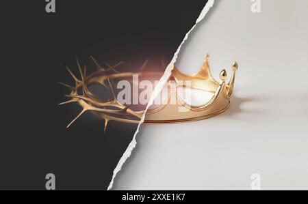 The reversal of the crown of thorns and the crown symbolizing suffering, the background of Holy Week signifying the death and resurrection of Jesus Stock Photo