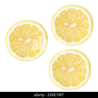 Top view set of fresh yellow lemon fruits in halves is isolated on white background with clipping path. Stock Photo