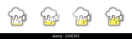 Set of linear beer glasses vector. Beer icons set. Bottles with filling from minimum to maximum. Bottle stickers vector. Vector illustration. Stock Vector