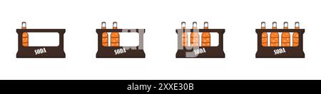 Soda crate vector. Set of boxes with bottles vector. Set of soda bottles. Stickers of an empty and full box with bottles. Bottle carrier. Stock Vector