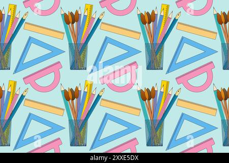 Colorful seamless pattern featuring school supplies like pencils, rulers, brushes, and set squares. Perfect for educational designs. Stock Vector