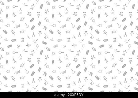 Black and white seamless pattern featuring paper clips and push pins, perfect for back-to-school coloring activities. Stock Vector