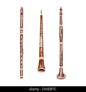 Flute, Oboe and Clarinet woodwind musical instruments set. Classical music collection. Hand drawn watercolor illustration isolated from the background Stock Photo