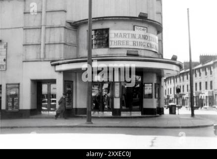 Unidentified West German cinema showing DEAN MARTIN and JERRY LEWIS in THREE RING CIRCUS (1954) and LON McCALLISTER and WANDA HENDRIX in MONTANA TERRITORY (1952) in movie theatre showing English language American films for soldiers of US Army of Occupation circa mid-1955 Stock Photo