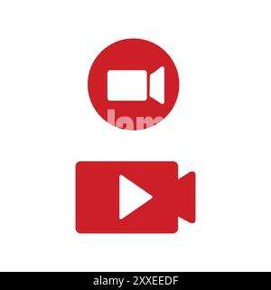 Red video icons designs. Simple camera and play button symbols in vibrant red Stock Vector