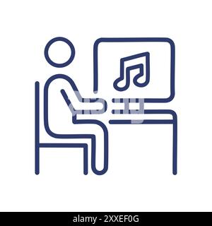 Person listening to music on computer. Simple line drawing of a person sitting at a desk and listening to music on their computer. Stock Vector