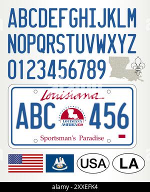 Louisiana new state car license plate pattern, letters, numbers and symbols, vector illustration, USA Stock Vector