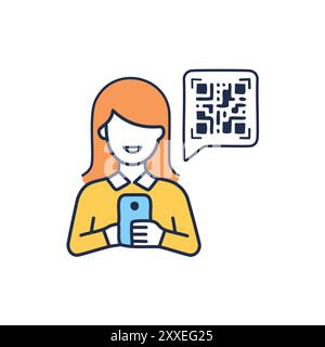 Woman scanning qr code on smartphone. Illustration of a smiling woman using her smartphone to scan a QR code. The code is displayed in a speech bubble Stock Vector