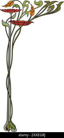 Corner vintage ornament in baroque victorian style with drawn fine lines detailed foliage and flowers. Decorative engraving in retro style. Stock Vector