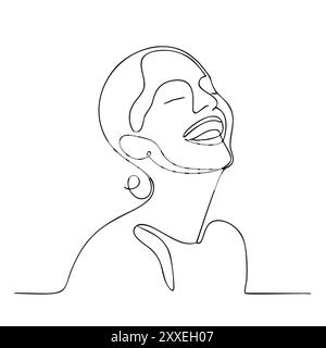 Continuous line art happy woman portrait. Minimalist illustration of a woman's face drawn in one continuous line. The subject is looking upwards with Stock Vector