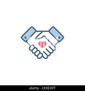 Handshake with heart icon. A simple, modern icon depicting two hands shaking, with a heart symbol between them, representing love, partnership, and un Stock Vector