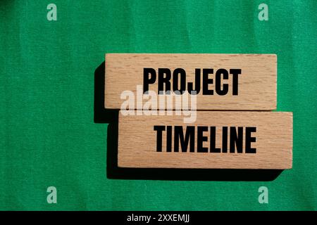 Project timeline message written on wooden blocks with green background. Conceptual project timeline symbol. Copy space. Stock Photo