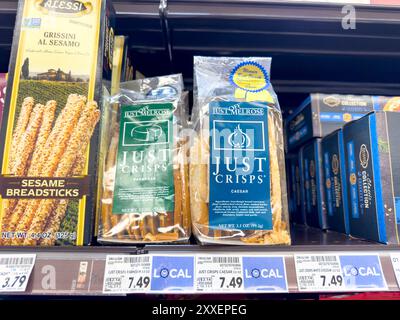 Los Angeles, California, United States - 04-14-2024: A view of several packages of Just Off Melrose Just Crisps, on display at a local grocery store. Stock Photo