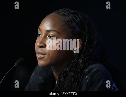 Flushing NY, USA. 23rd Aug, 2024. Coco Gauff speaks to the media at the USTA Billie Jean King National Tennis Center on August 23, 2024 in Flushing Queens. Credit: Mpi04/Media Punch/Alamy Live News Stock Photo