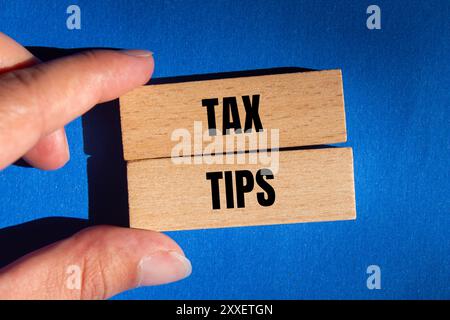 Tax tips message written on wooden blocks on blue background. Conceptual tax tips symbol. Copy space. Stock Photo