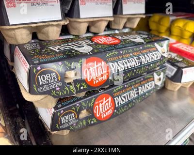 Los Angeles, California, United States - 04-14-2024: A closeup view of several cartons of Vital farms eggs, on display at a local grocery store. Stock Photo