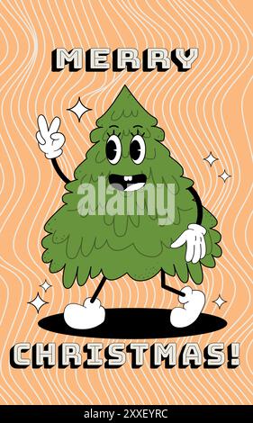 Christmas tree groovy card. Vector illustration in trendy retro style. Abstract background. Happy holidays 2024 Stock Vector