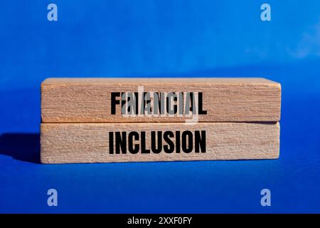 Financial inclusion message written on wooden blocks with blue background. Conceptual financial inclusion symbol. Copy space. Stock Photo