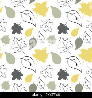 Seamless pattern with autumn fall leaves in Orange, grey, Yellow. Perfect for wallpaper, gift paper, pattern fills, web page background, greeting card Stock Vector
