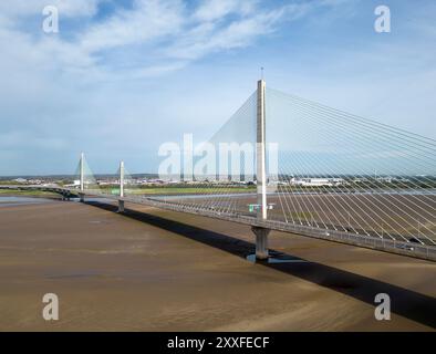 Aerial view of The Mersey Gateway Bridge over the Mersey estuary, Runcorn, Cheshire, England Stock Photo