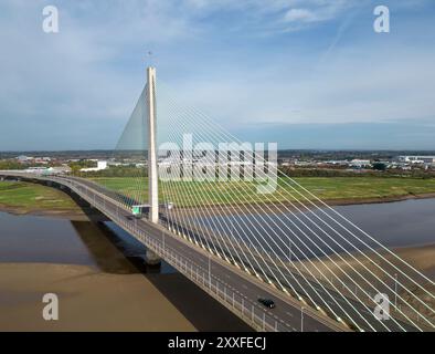 Aerial view of The Mersey Gateway Bridge over the Mersey estuary, Runcorn, Cheshire, England Stock Photo