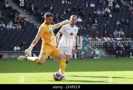 Carlisle United goalkeeper Harry Lewis clears the ball during the Sky Bet League Two match at the Stadium MK, Milton Keynes. Picture date: Saturday August 24, 2024. Stock Photo