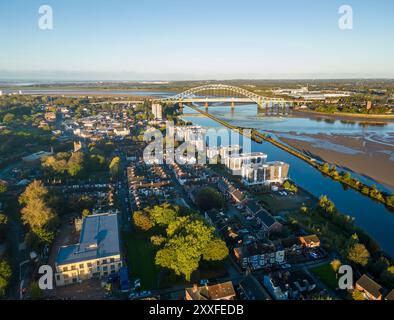 Town of Runcorn, The Decks apartments and Silver jubilee Bridge, Cheshire, England, Stock Photo