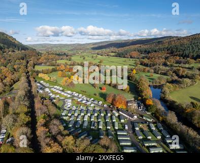 Aerial view of mobile homes in Conwy Valley at Betws-y-Coed, North wales in Autumn Stock Photo