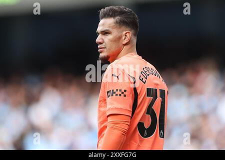 Manchester, UK. 24th Aug, 2024. Ederson of Manchester City during the Premier League match Manchester City vs Ipswich Town at Etihad Stadium, Manchester, United Kingdom, 24th August 2024 (Photo by Mark Cosgrove/News Images) in Manchester, United Kingdom on 8/24/2024. (Photo by Mark Cosgrove/News Images/Sipa USA) Credit: Sipa USA/Alamy Live News Stock Photo