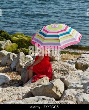 Woman In Bright Red Dress Sheltering Under A Colourful Umbrella Sitting On Rocks On The Beach, Avon Beach UK Stock Photo